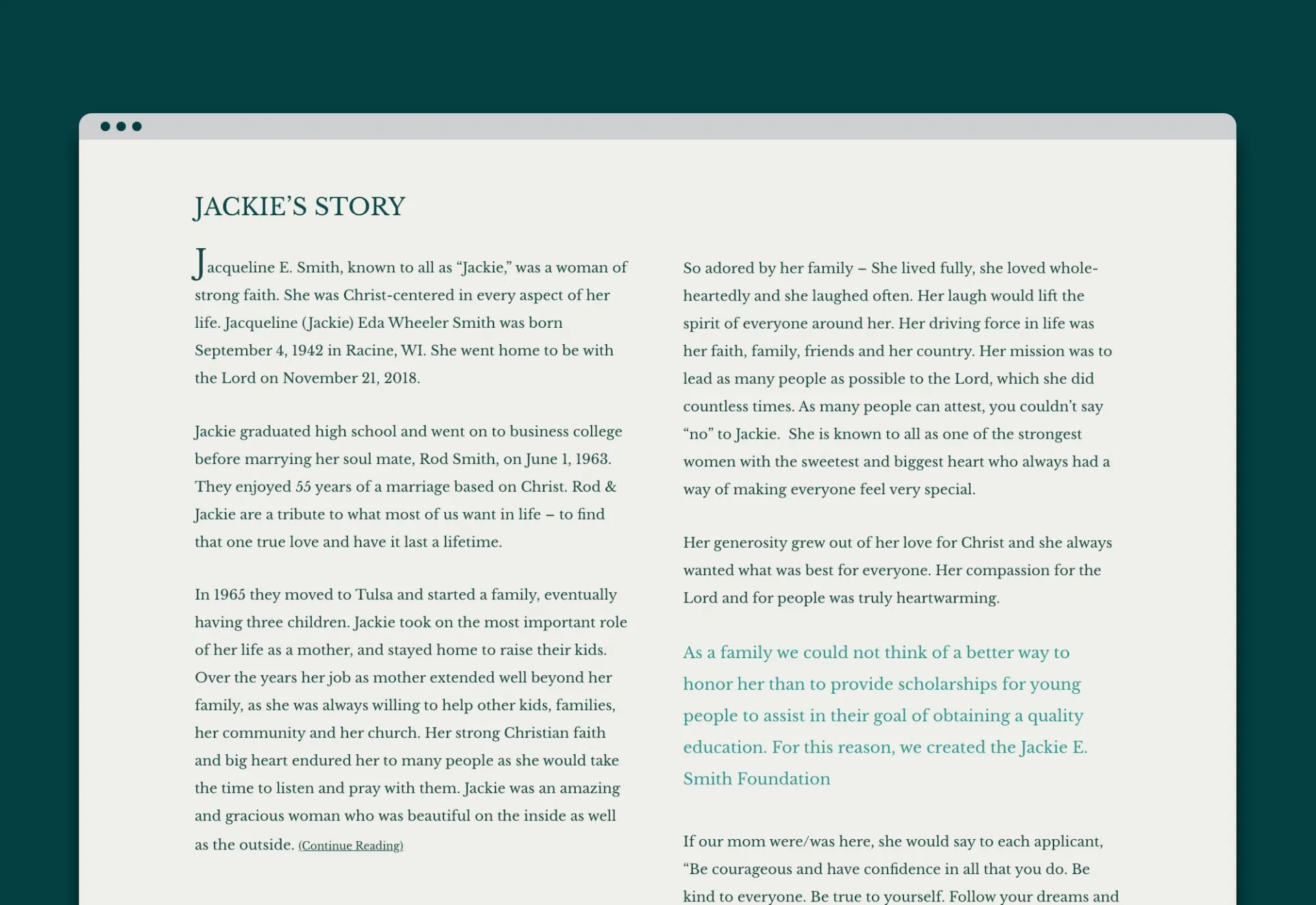 Jackie Smith Foundation Website Design & Development Text Layout