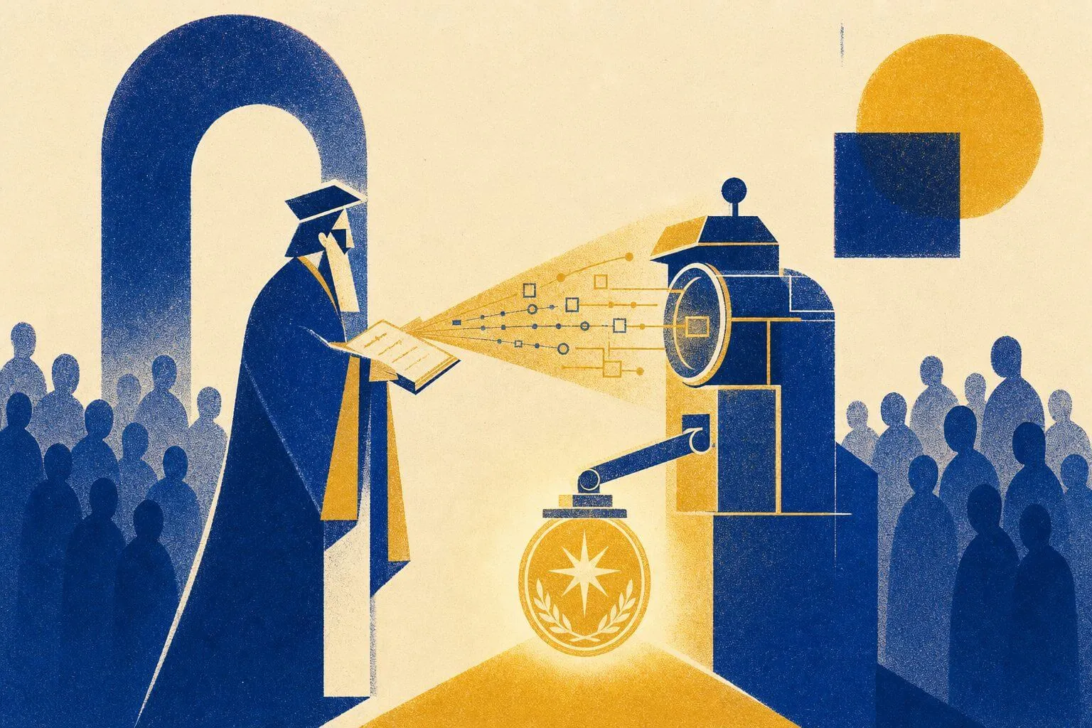 E-E-A-T for Machines: Structuring Content So AI Trusts and Quotes You Editorial illustration of an expert figure emitting a clear beam of light from an open book toward a glowing mechanical reader, which marks them with a luminous quotation seal while dimmer, faceless figures fade into the background