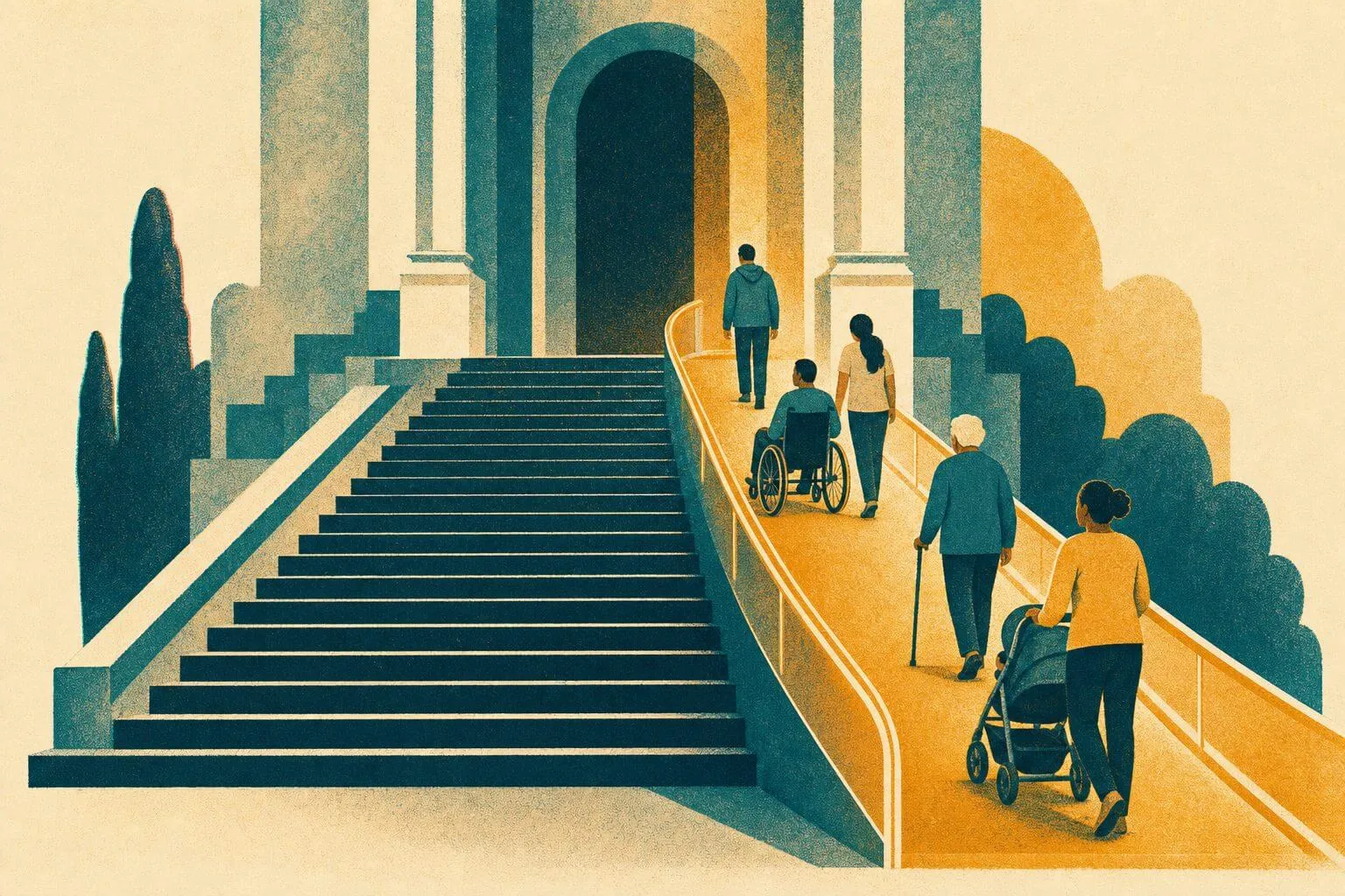 The Accessibility Reckoning: Why Inclusive Design Is Now a Business Requirement Editorial illustration of a diverse group, including a wheelchair user, a person with a cane, a parent with a stroller, and an older adult, ascending a glowing accessible ramp beside an empty staircase, illustrating the curb-cut effect