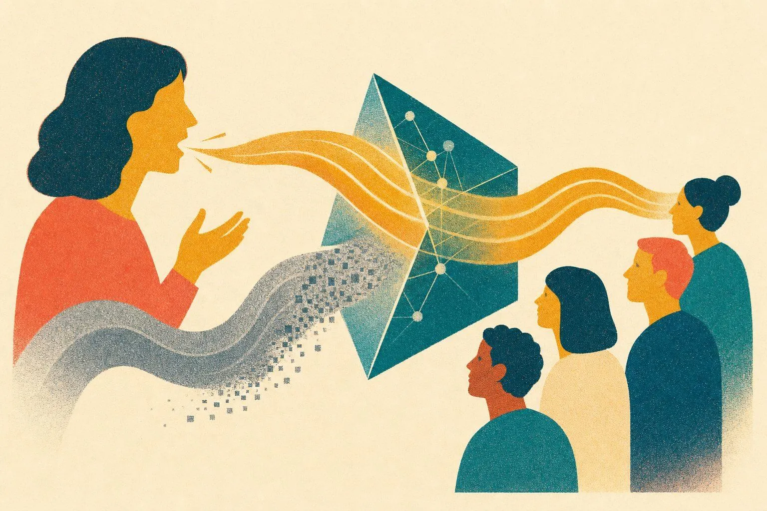 Verbal Identity: Why Your Brand Voice Matters More When Machines Are Reading It Editorial illustration of a speaker's words flowing as a vivid ribbon through a glowing mechanical lens intact, while a second, fainter ribbon of words dissolves into gray static passing through the same lens