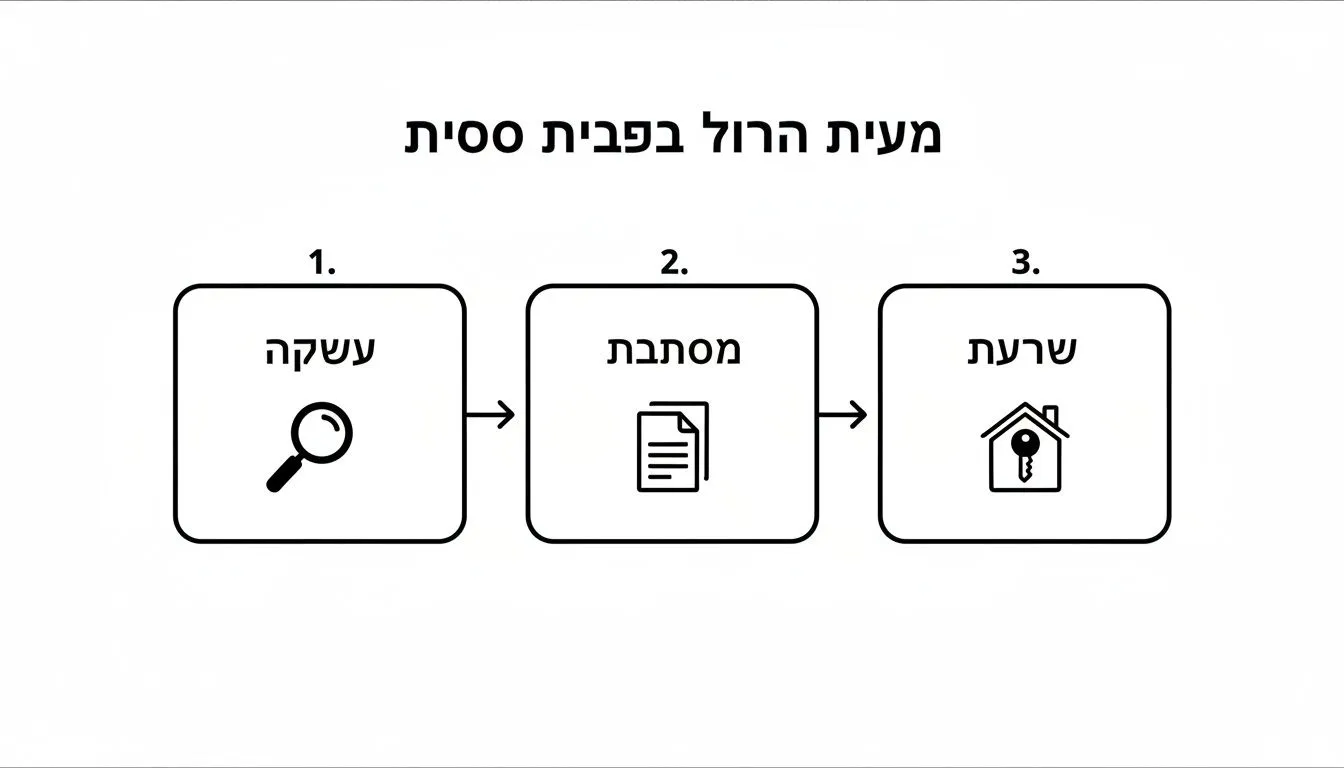 תרשים זרימה: שלושה שלבים בתהליך רכישת נכס – חיפוש עסקה, טיפול במסמכים וקבלת מפתח לבית.