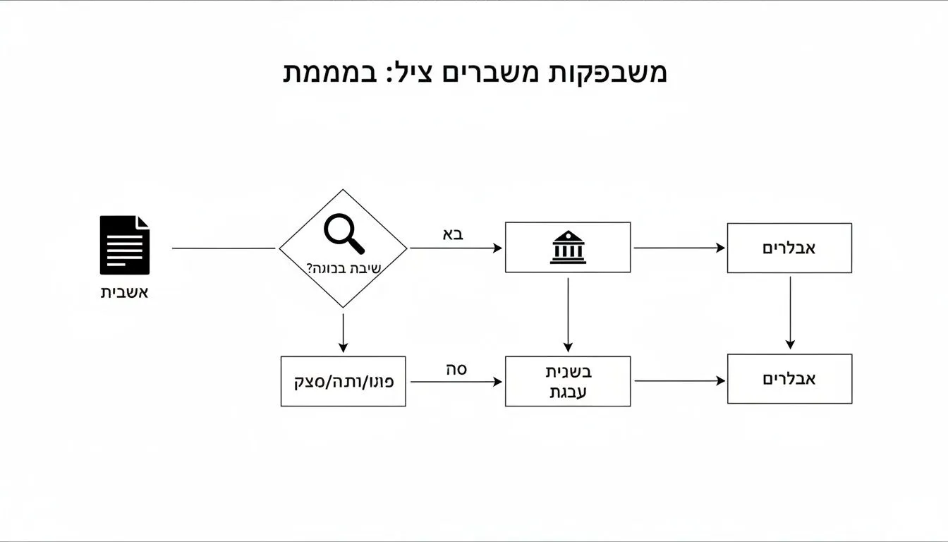 תרשים זרימה המציג תהליך עיבוד מסמכים עם נקודות החלטה ושלבים שונים.
