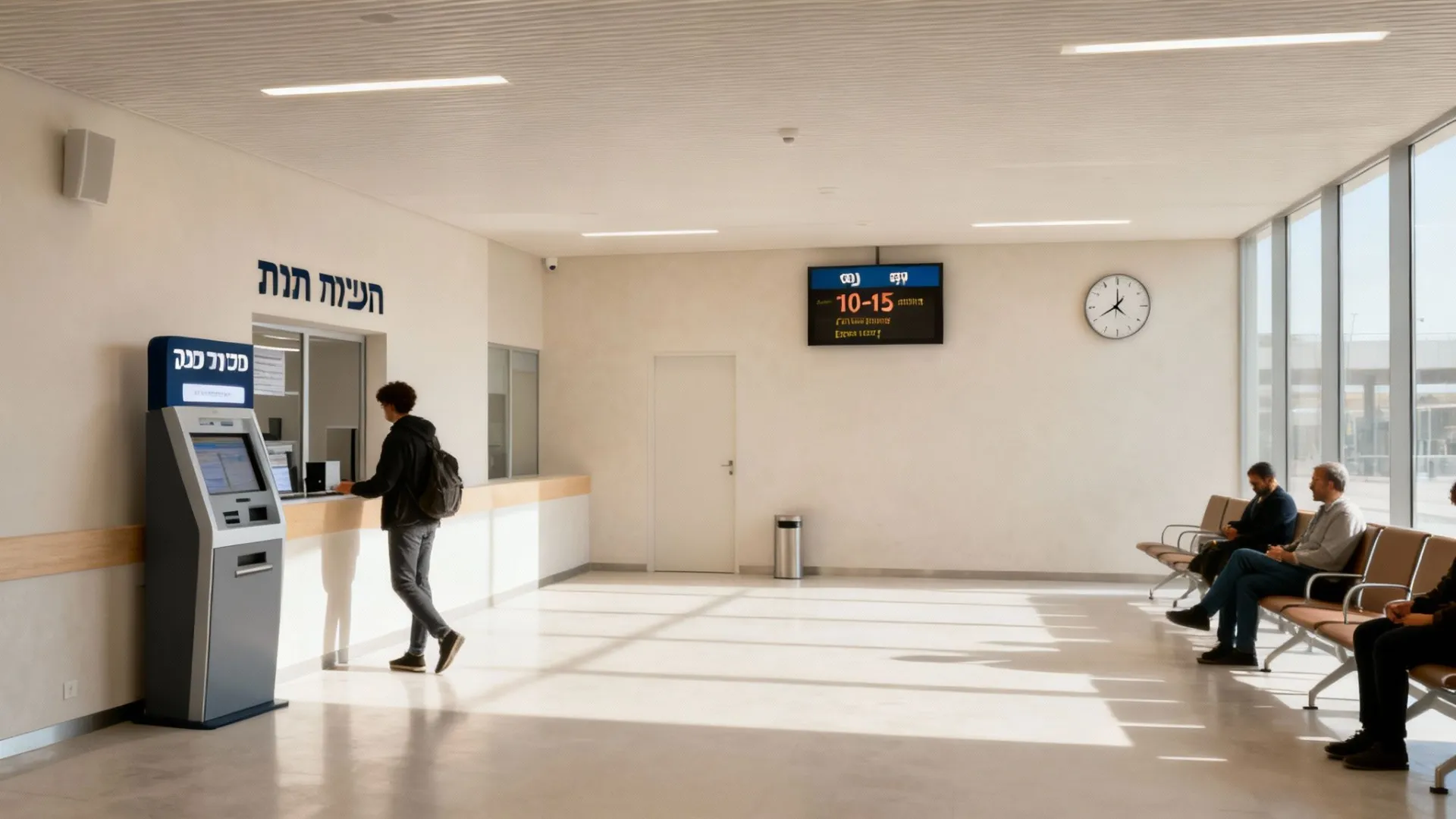 אולם המתנה מודרני עם עמדת שירות עצמי, דלפק קבלה ואנשים יושבים וממתינים.