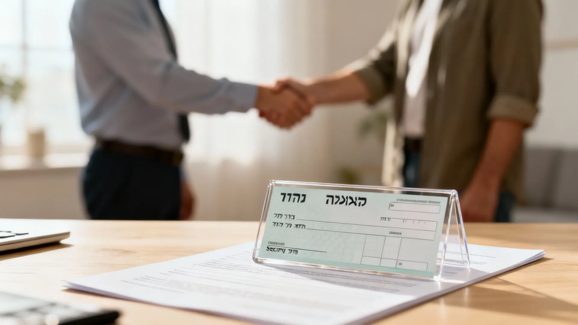 שני גברים לוחצים ידיים ברקע מטושטש, עם צ'ק ביטחון בעברית בולט על שולחן עץ בקדמה.