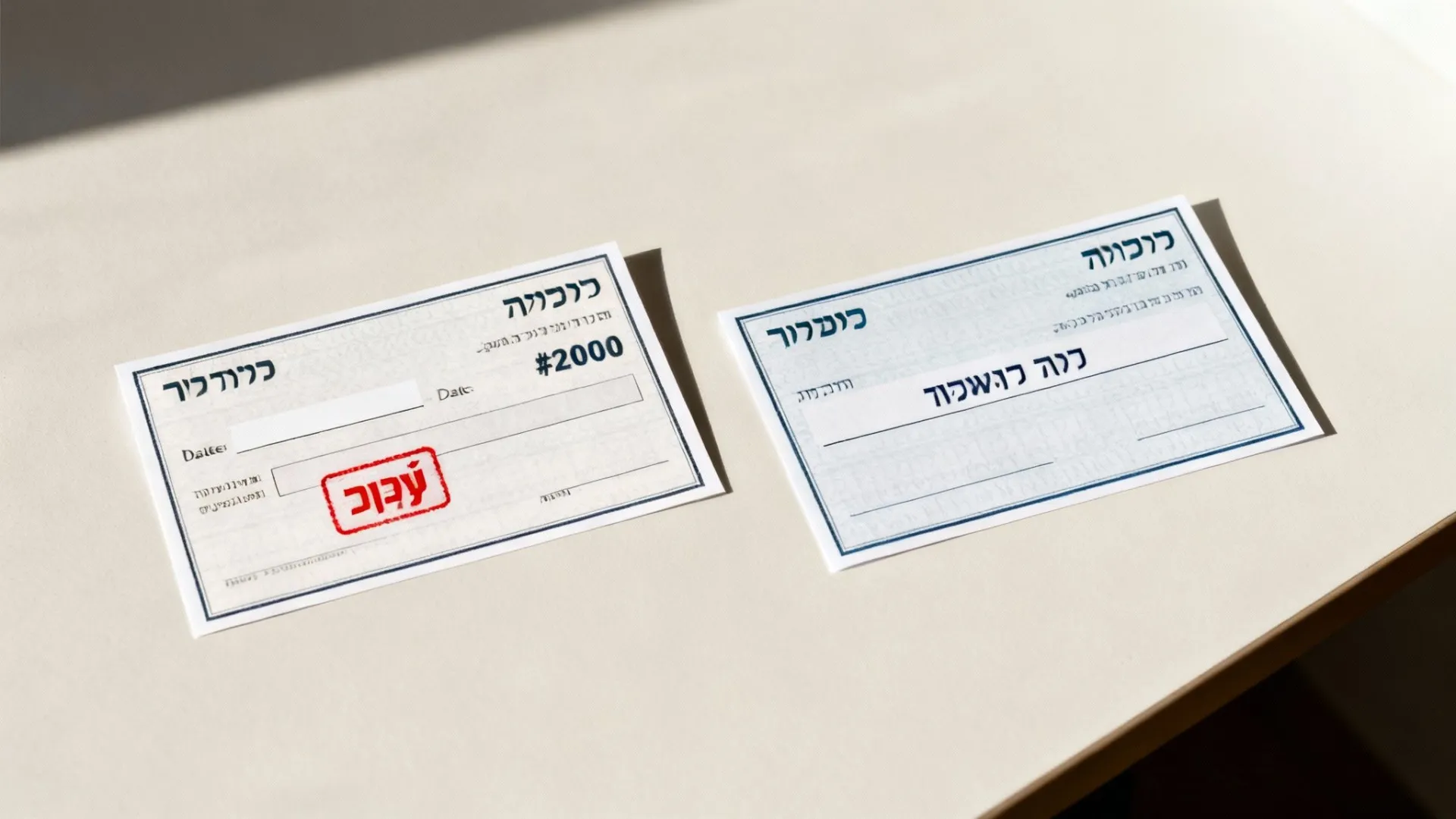 שני צ'קים לדוגמה על שולחן לבן, אחד מסומן כ'עבור' עם סכום, השני ריק.