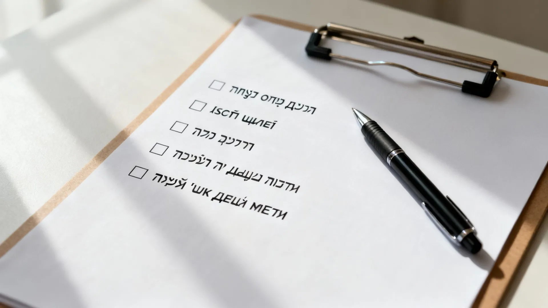 דף נייר עם רשימת משימות וריבועי סימון, מונח על קלסר עם קליפס, לצדו עט כדורי שחור.