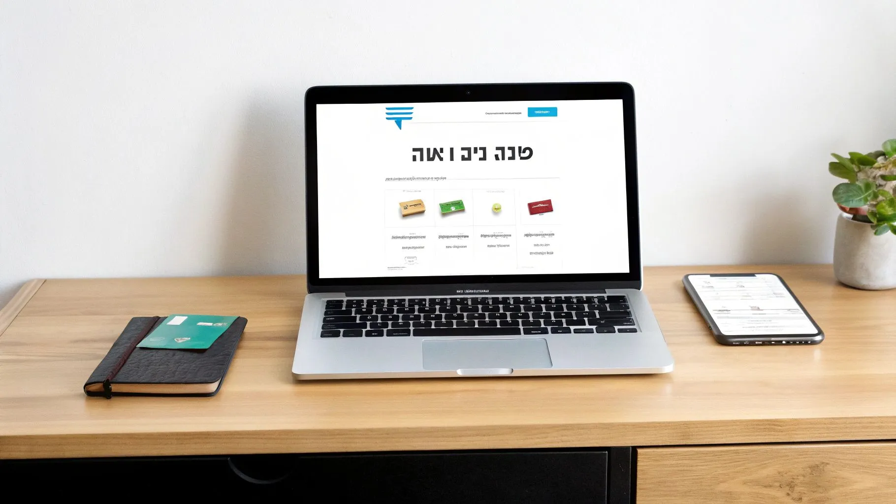 מחשב נייד פתוח עם אתר אינטרנט בעברית, טאבלט, מחברת ועציץ על שולחן עץ.