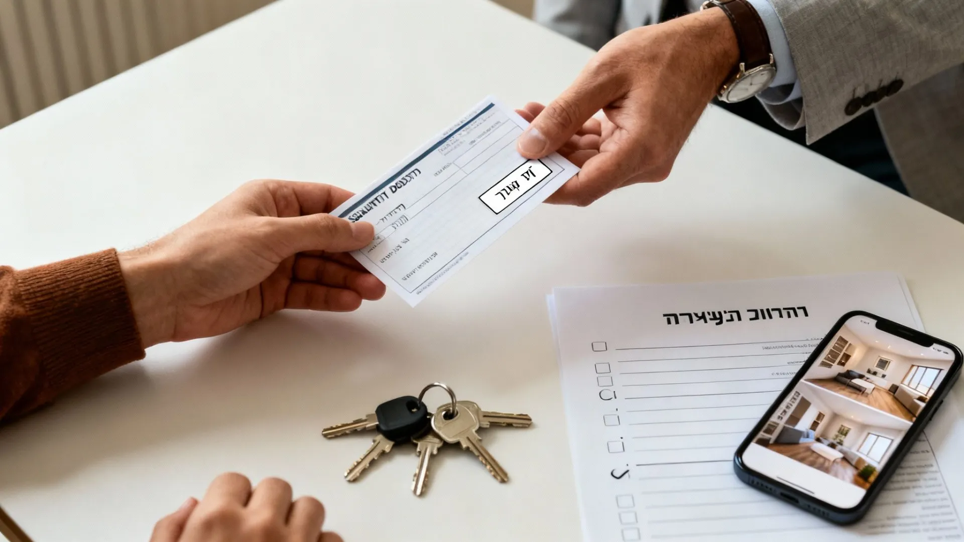 שתי ידיים מחליפות צ'ק על שולחן לבן, ליד מפתחות, מסמכים וטלפון עם תמונות של דירה.