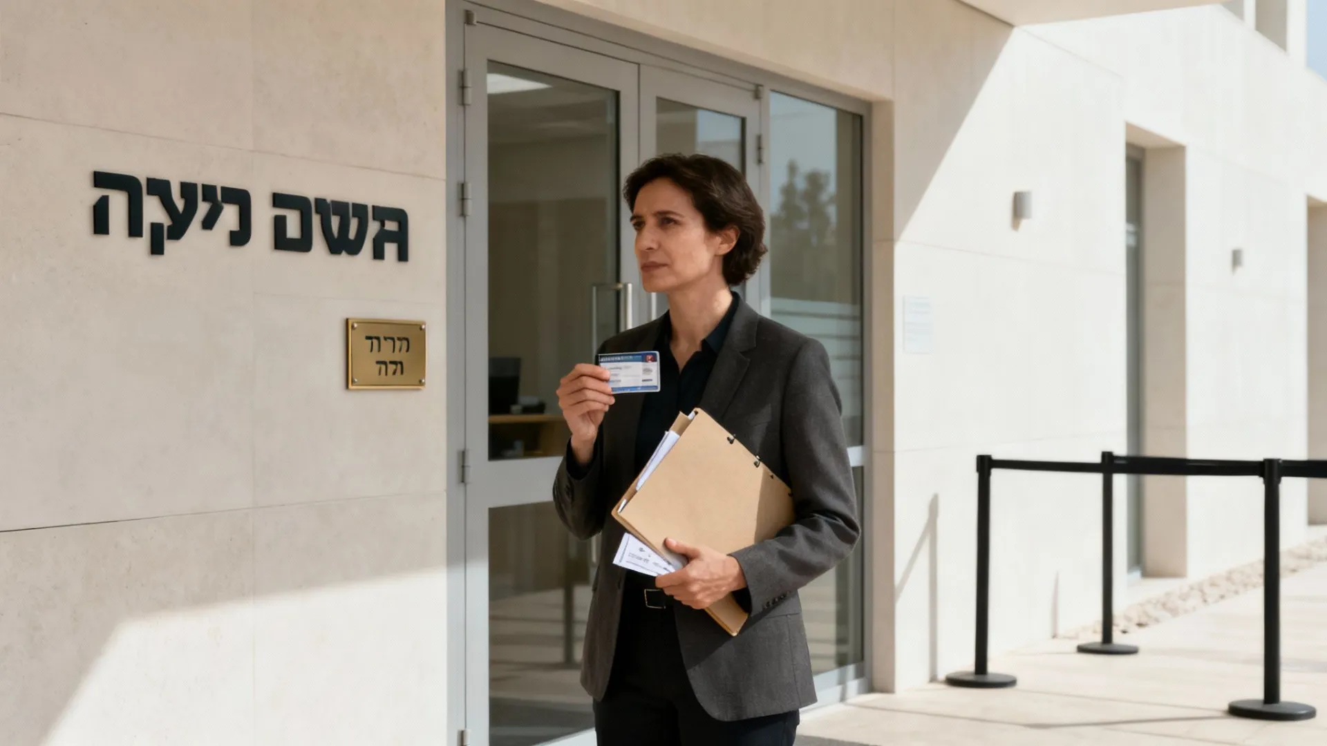 אישה עומדת מחוץ לבניין, מחזיקה תעודת זהות ותיקייה, עשויה להיות במשרד ממשלתי.