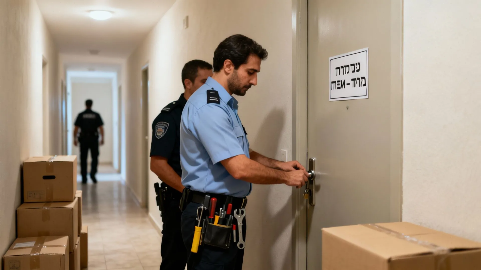 קצינים במדים פותחים דלת עם מנעולים, מוקפים בקרטונים במהלך פינוי דירה.