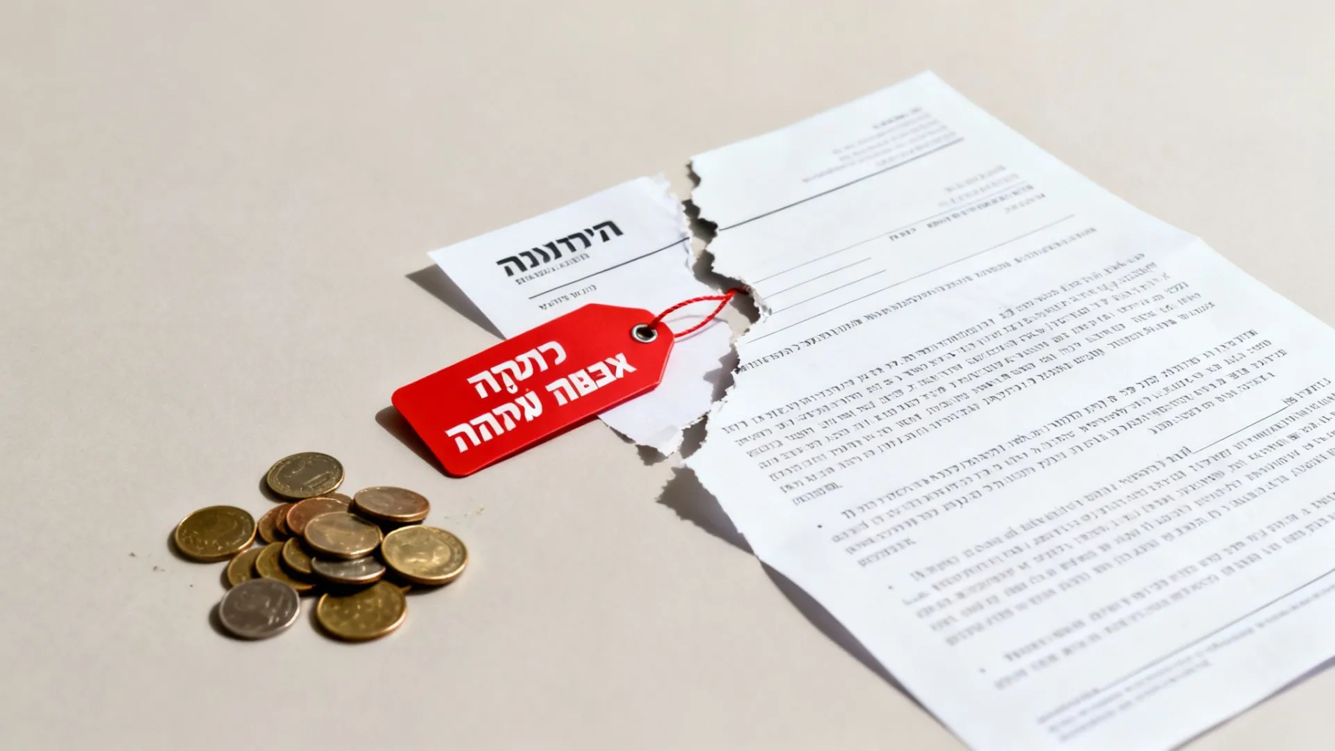 מסמך קרוע, מטבעות ותגית אדומה, מתארים אתגרים בפריסת מס שבח.