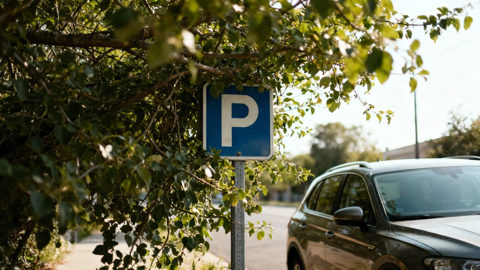 שלט חניה כחול עם האות P, מוקף בעלווה ירוקה, ומכונית חונה ליד על רקע רחוב מואר.
