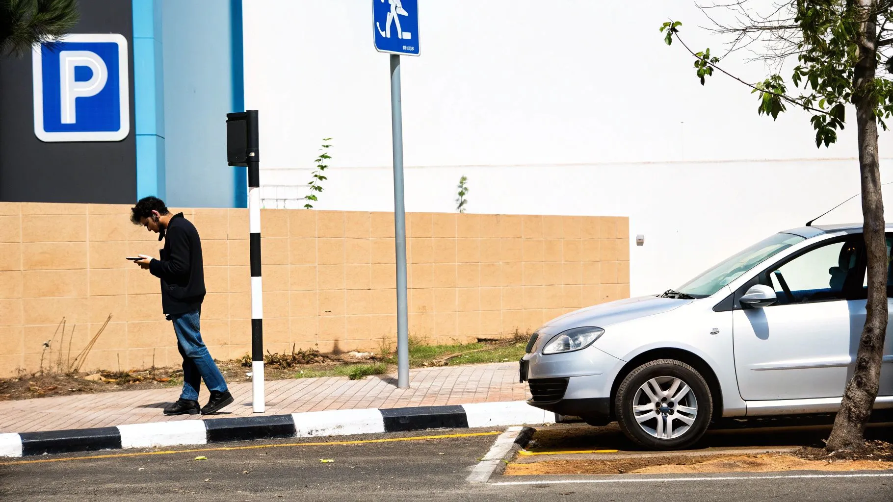 גבר צעיר הולך על מדרכה עם מכונית חונה, מביט במסך הטלפון הנייד שלו.
