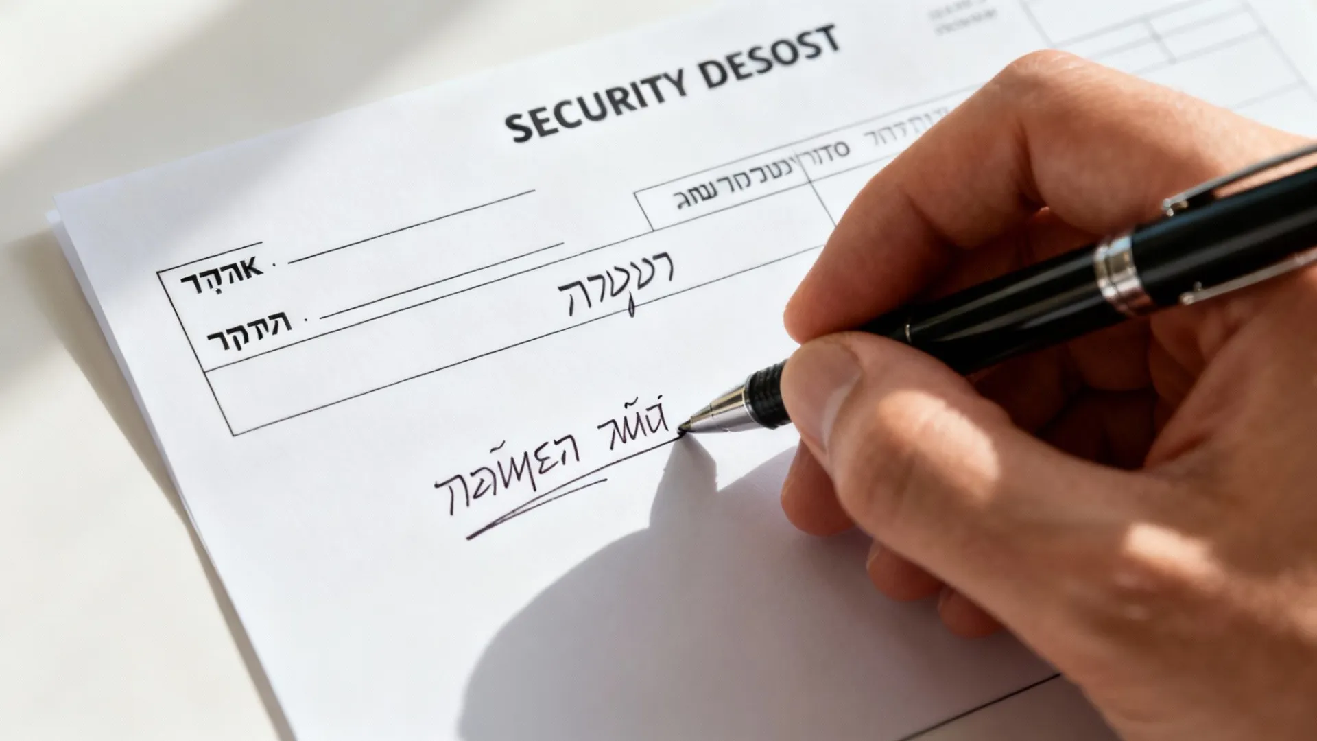אדם חותם בעט על טופס צ'ק ביטחון עם פרטים בעברית ובאנגלית.