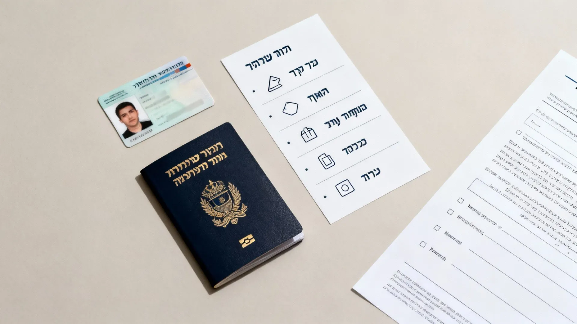 תעודת זהות ודרכון כחול מונחים על שולחן, יחד עם טפסים ומסמכים רשמיים, המרמזים על תהליך בירוקרטי.