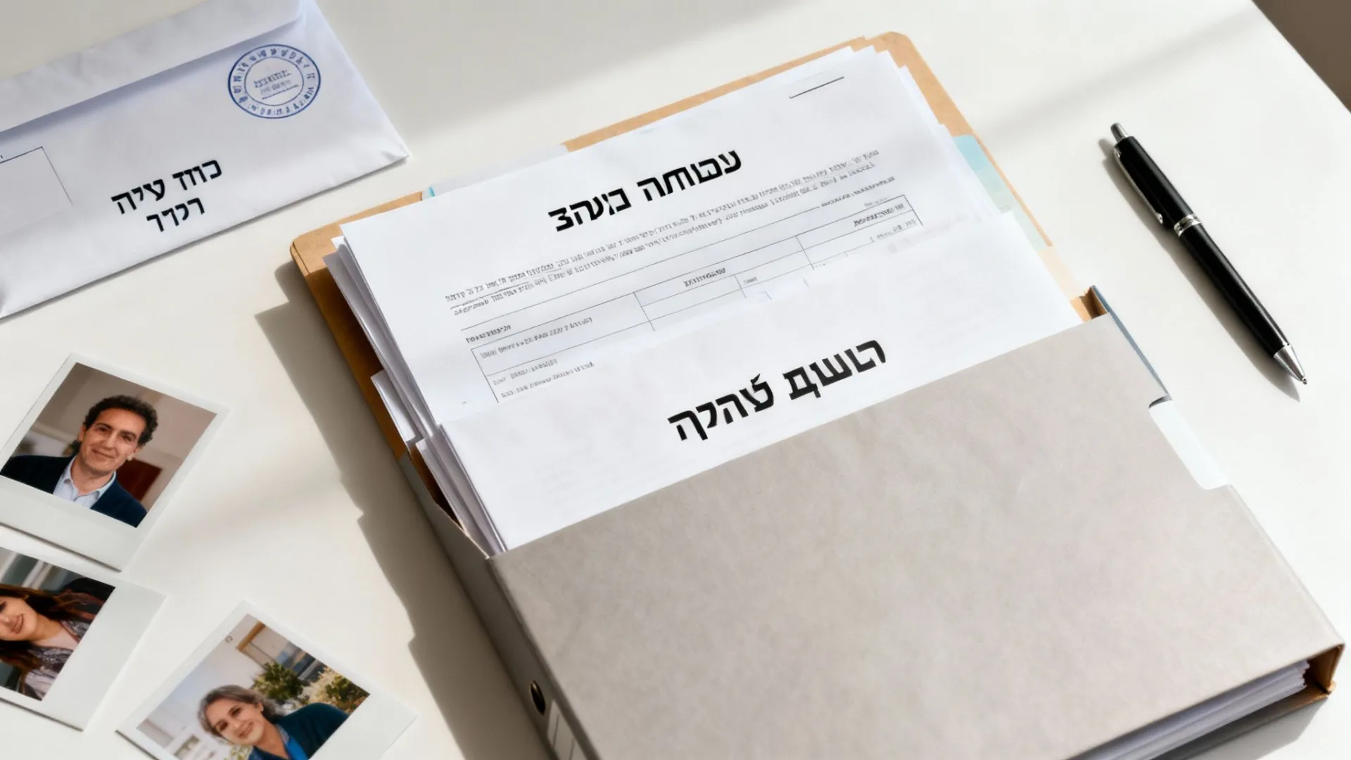 מסמכים עבריים בתיקייה, מעטפה עם חותמת, עט ותמונות פולארואיד של אנשים על שולחן לבן.