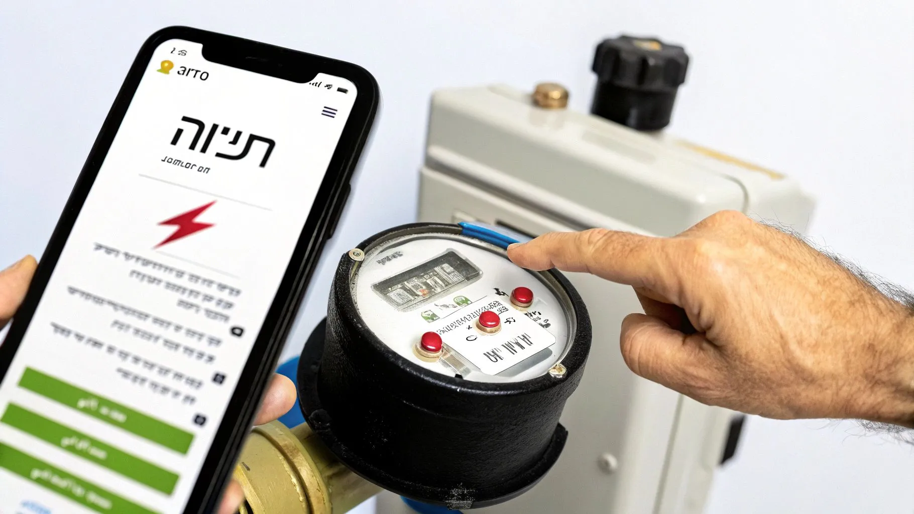 אדם מציג אפליקציה לניהול אנרגיה בסמארטפון לצד מד שירות, לניהול יעיל וחכם.