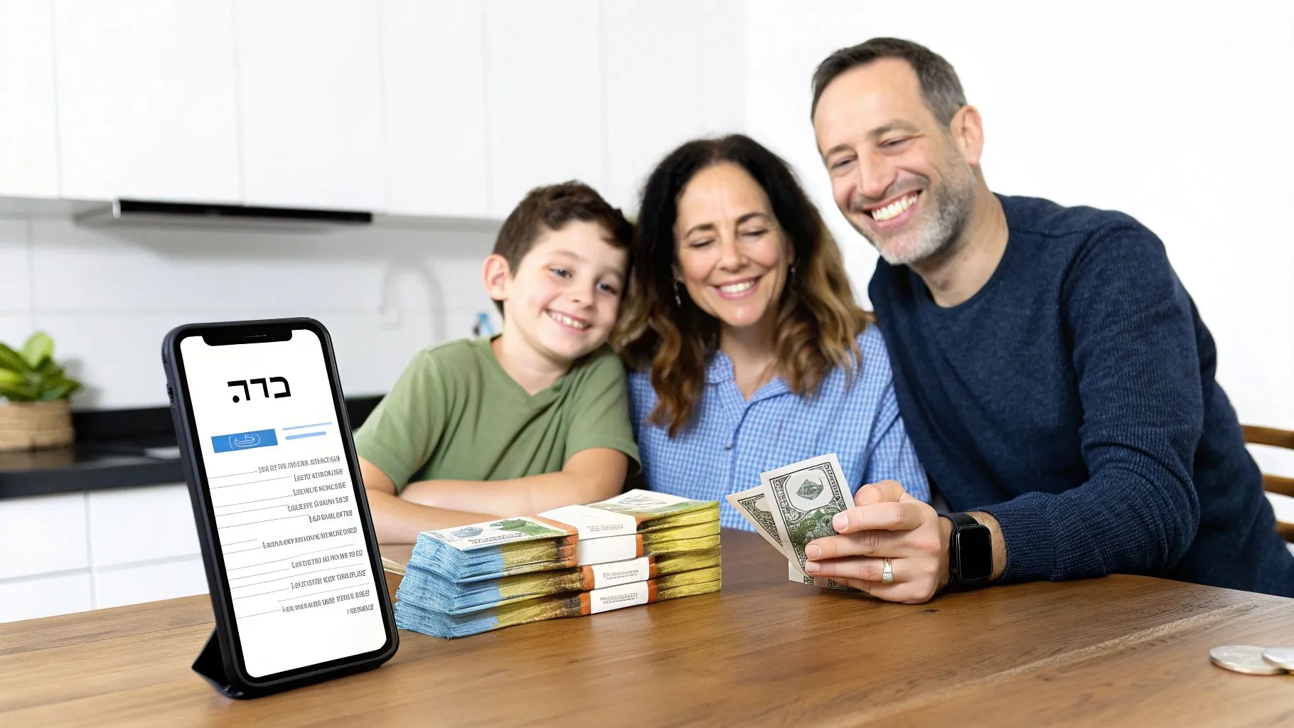 משפחה חייכנית עם ילד צופה בכסף ובסמארטפון עם אפליקציה המציגה ברכה, אולי על ניהול כספים.