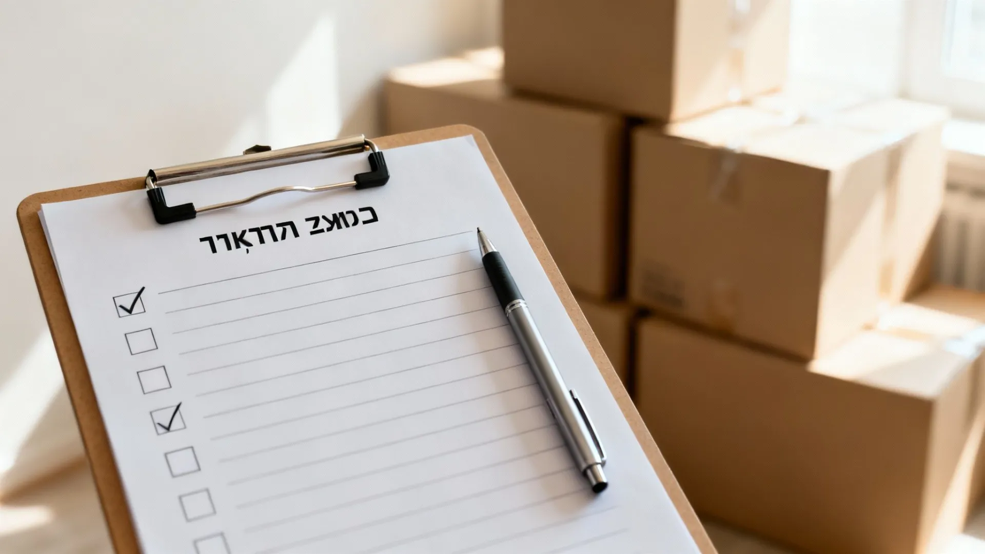 רשימת משימות למעבר דירה עם סימוני וי, עט וקופסאות קרטון ברקע מוכן למעבר.