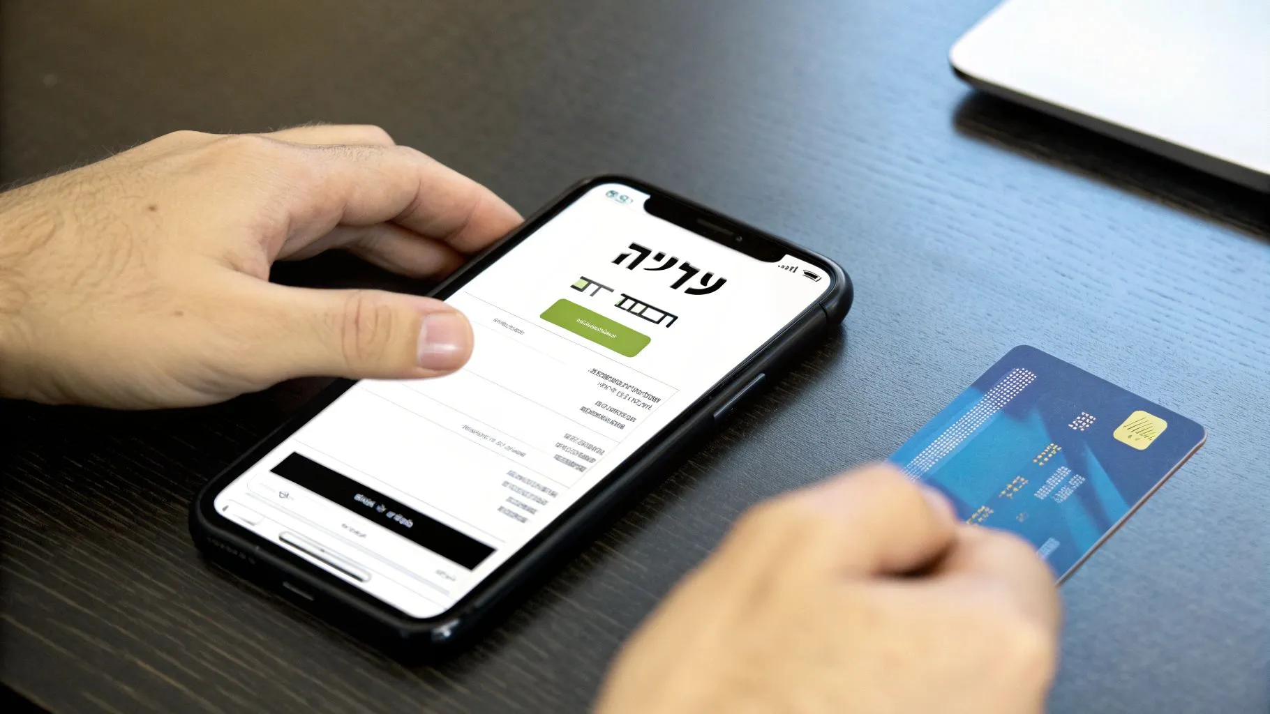 אדם משתמש בסמארטפון עם מסך תשלום בעברית ומחזיק כרטיס אשראי.