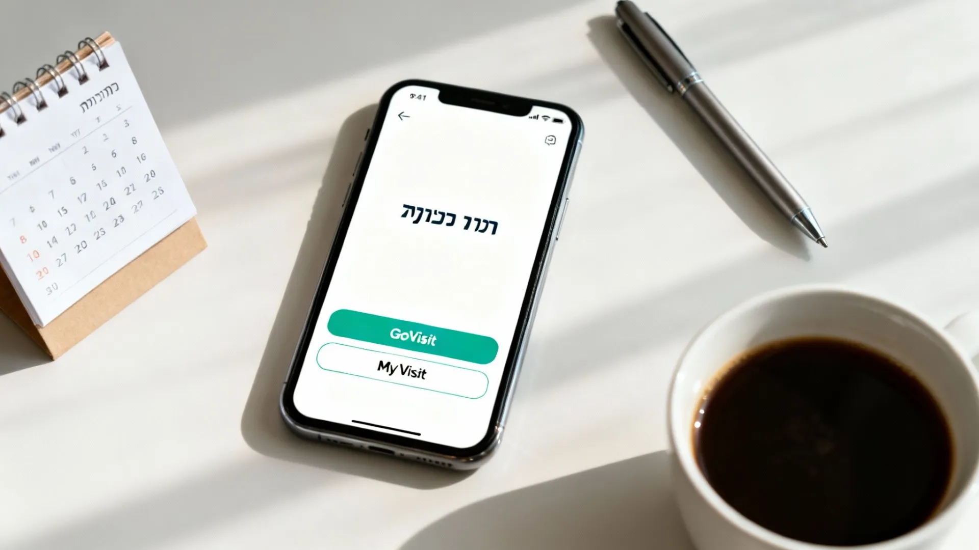 סמארטפון עם אפליקציה להזמנת תורים, לוח שנה, עט וכוס קפה על שולחן משרדי לבן.