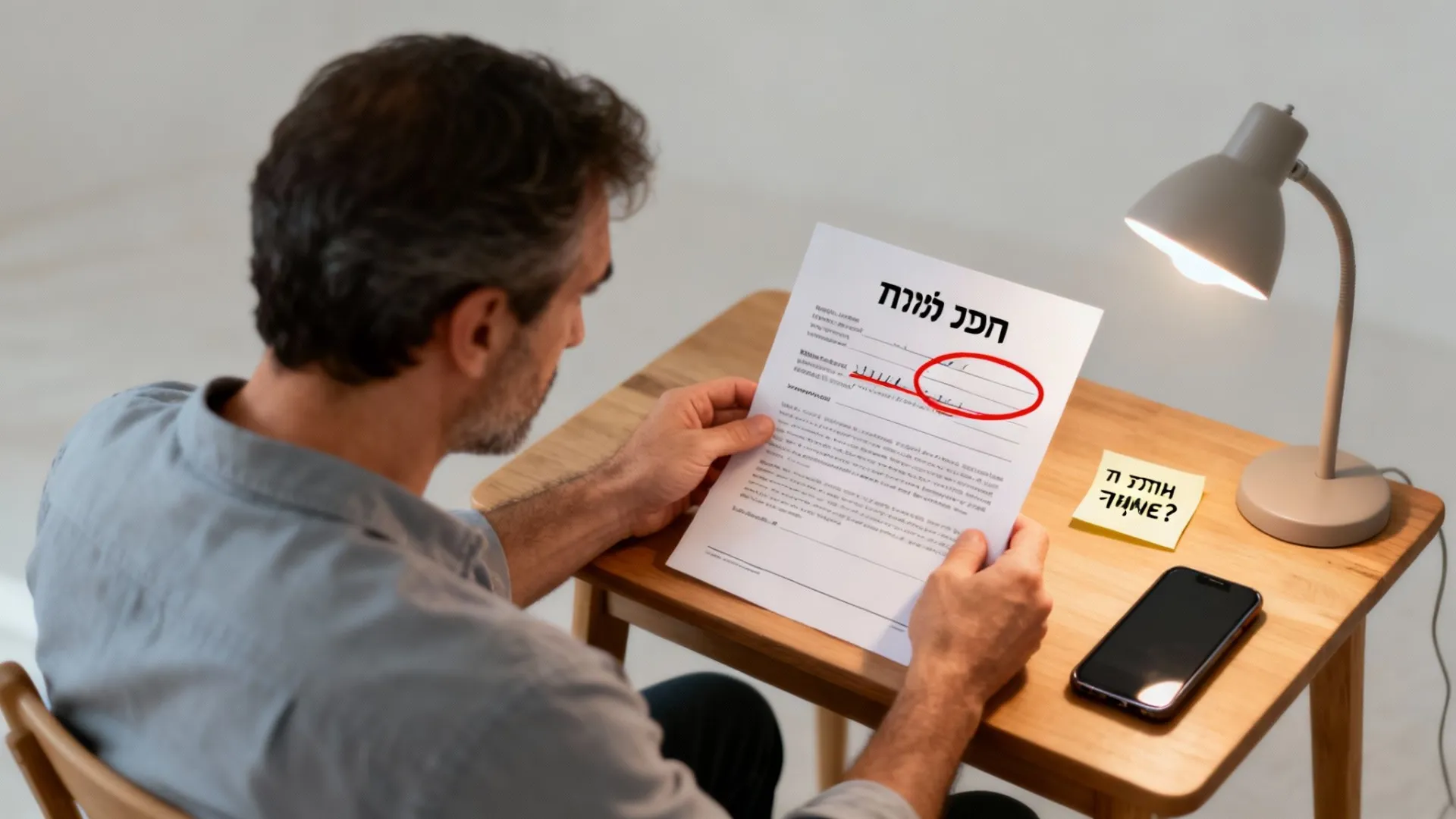 גבר בוחן בקפידה מסמך משפטי עם סימון אדום, ככל הנראה תביעה.