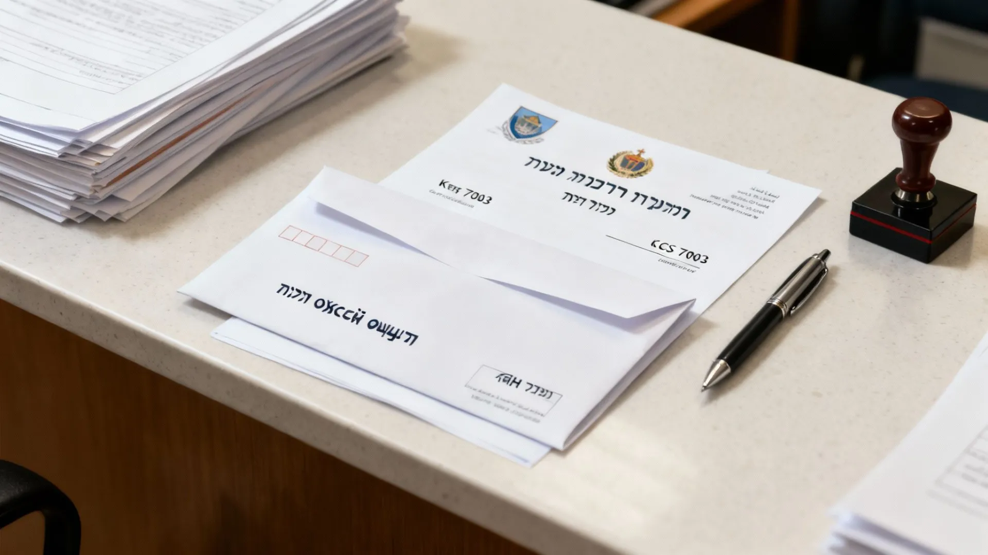 שולחן משרדי עם ערימת מסמכים, מעטפה פתוחה, מכתב רשמי בעברית, עט וכלי חותמת.
