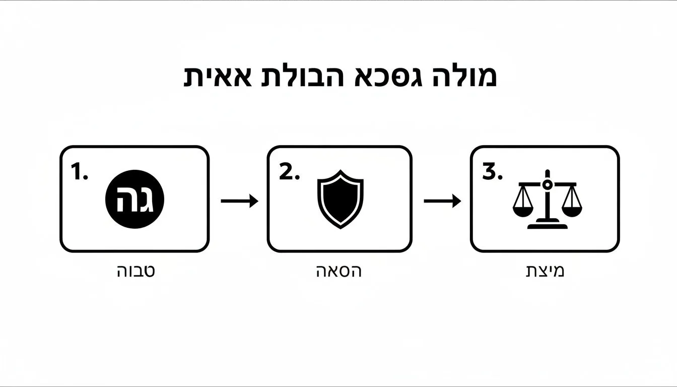 תרשים זרימה המציג שלושה שלבים בתהליך ערבות שכירות: רישום, הגנה וסיום, עם סמלילים רלוונטיים.