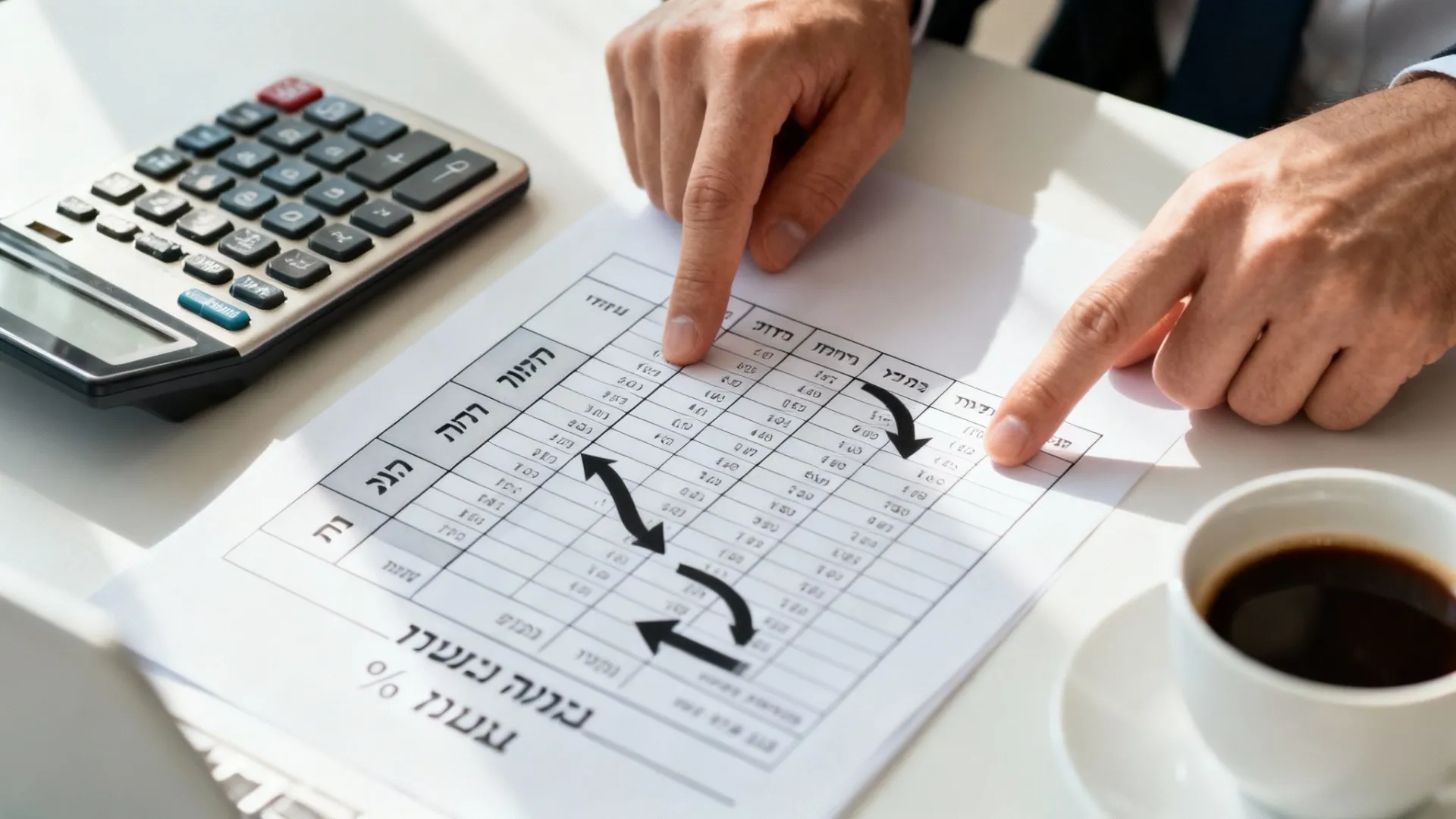 ידיים מצביעות על מסמך עם טבלת נתונים ומספרים, ליד מחשבון וכוס קפה.