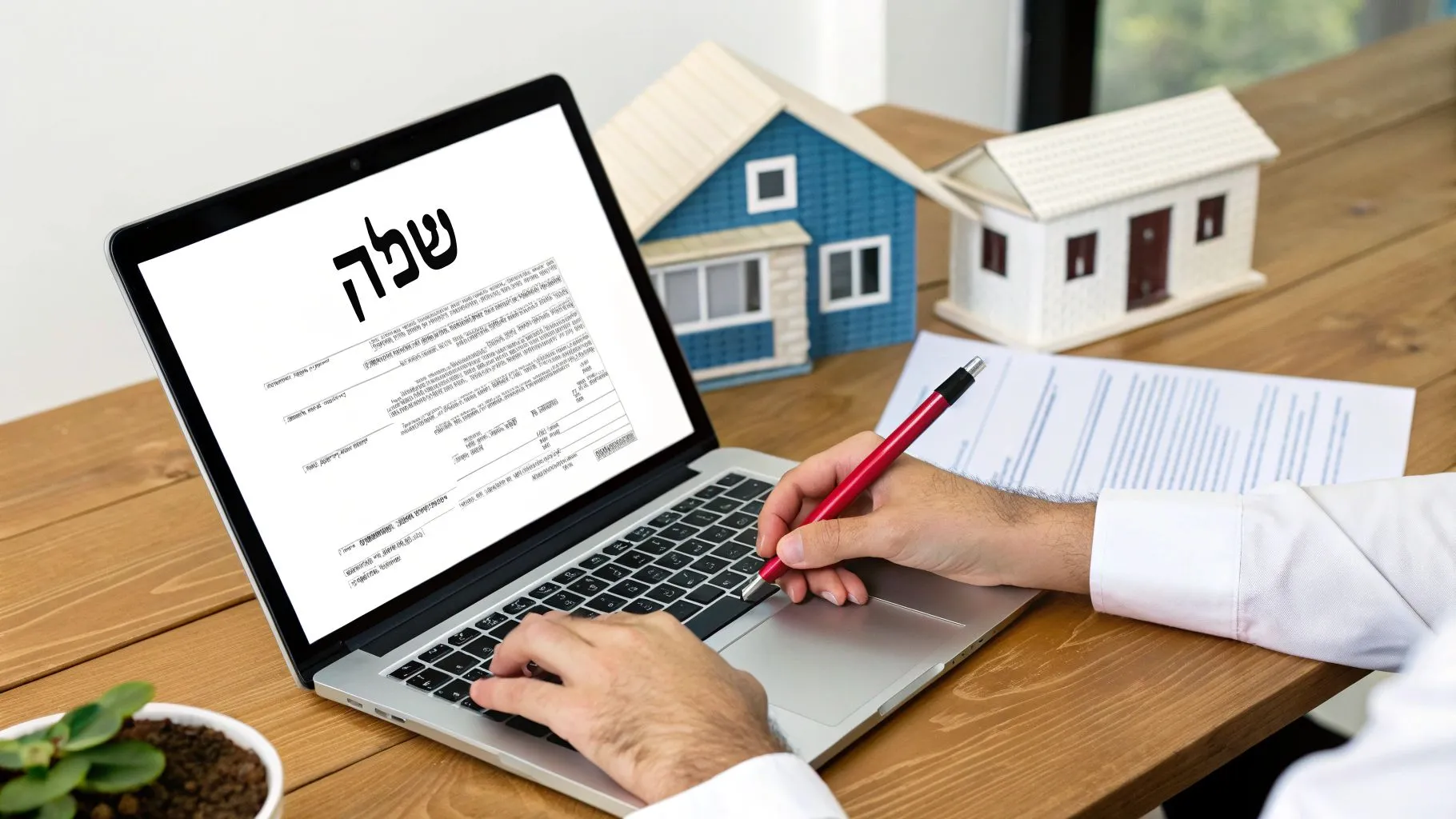 אדם עובד על מחשב נייד עם מסמכים ודגמי בתים על שולחן עץ, מתכנן מעקב אחר דואר ונדל"ן