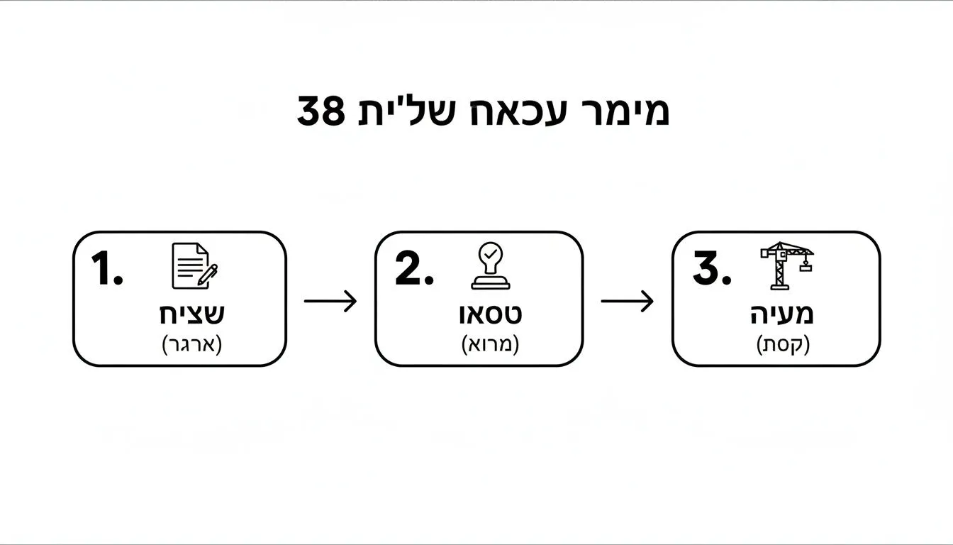 תרשים זרימה תלת-שלבי לפרויקט בנייה הכולל תכנון, אישור וביצוע, עם אייקונים וטקסט בעברית.