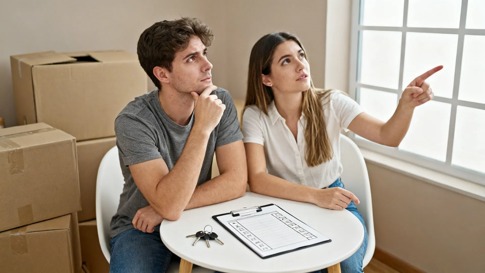 זוג צעיר יושב בדירה חדשה עם ארגזים, מתכנן את המעבר ומסתכל על החלון.