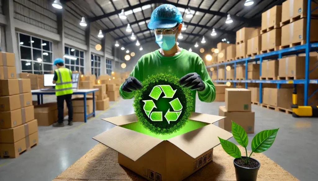 Werknemer toont recycling symbool in duurzaam magazijn