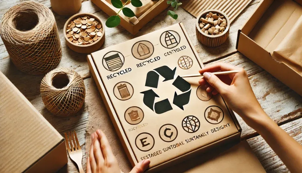 Persoon tekent recyclingssymbolen op duurzaam verpakkingsmateriaal
