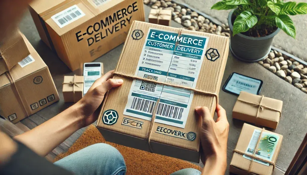 Persoon pakt e-commerce pakket in huiselijke omgeving.