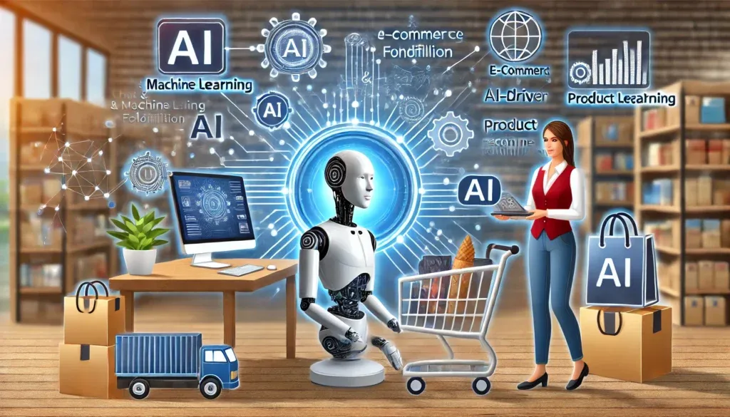 Robot en vrouw illustreren AI in e-commerce.