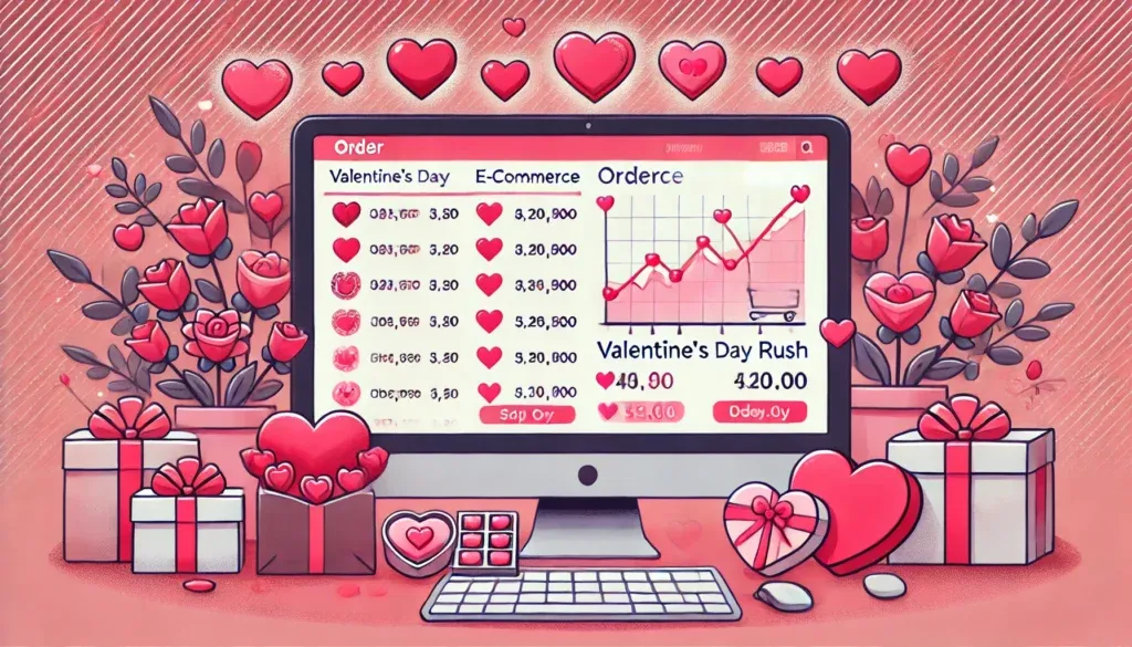Valentijnsdag e-commerce dashboard met geschenken en grafieken