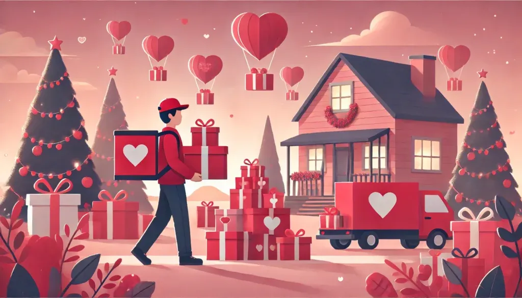 Bezorger met kerstcadeaus bij rood huis