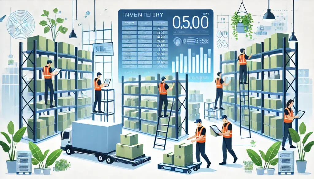 Personeel beheert inventaris in modern magazijn