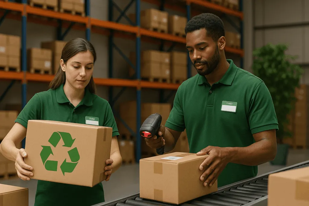 Werknemers scannen gerecyclede pakketten in magazijn