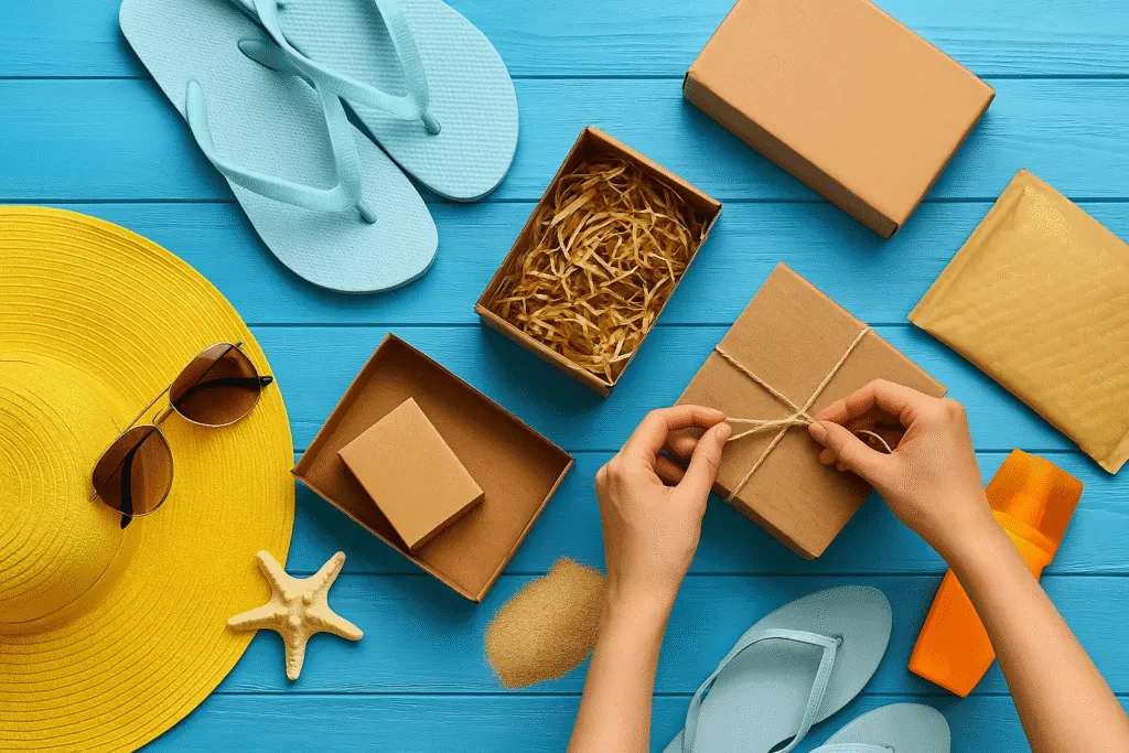 Zomerse inpakactiviteit met hoed, slippers en geschenkdozen
