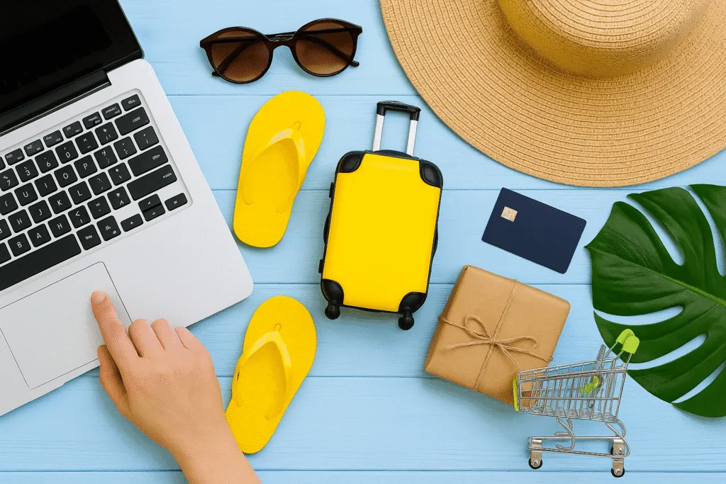 Laptop en reisaccessoires op blauwe achtergrond