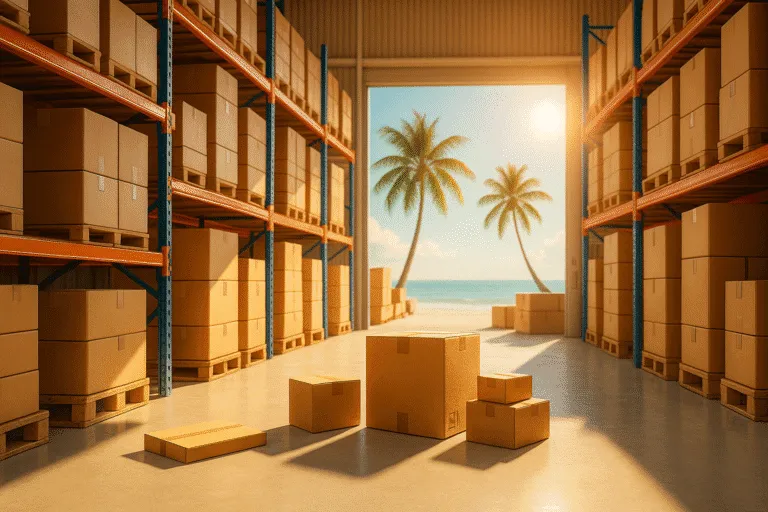 Magazijn met dozen bij stranduitzicht en palmbomen