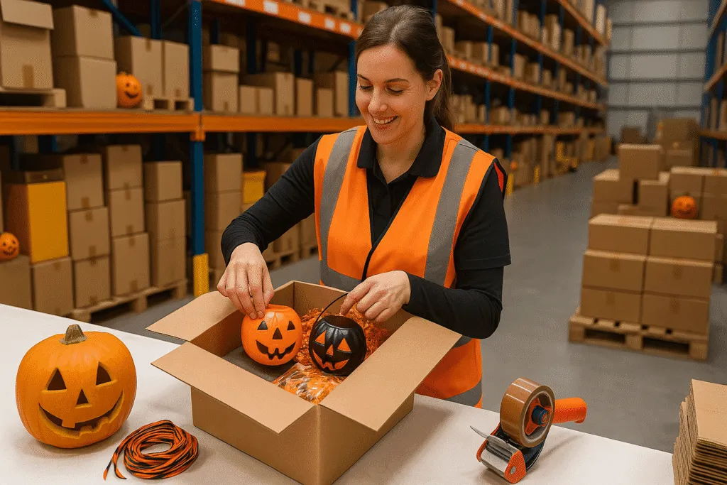 Vrouw pakt Halloween decoraties in magazijn in.