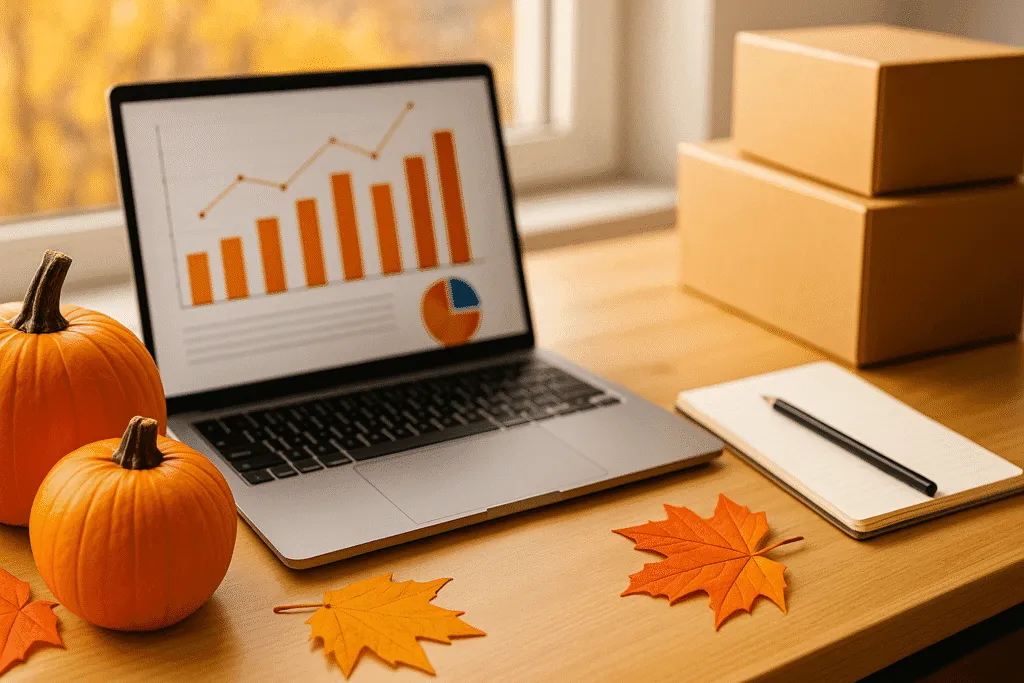 Laptop met grafieken, pompoenen en herfstbladeren op bureau