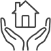 Simple black outline of two hands cupping upwards with a house icon placed above them, symbolizing protection, care, or support for a home.