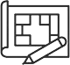 A simple line drawing of a rolled-up architectural blueprint with a pencil placed diagonally across the paper, showing a basic floor plan layout.