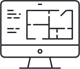 Line drawing of a computer monitor displaying a floor plan with rooms, doors, and text fields, representing architectural or interior design software.