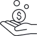 A simple line drawing of an open hand with a dollar coin and two small circles floating above it, symbolizing receiving or giving money.