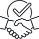 Outlined icon of two hands shaking, with a large checkmark symbol above them, representing agreement, partnership, or approved collaboration.